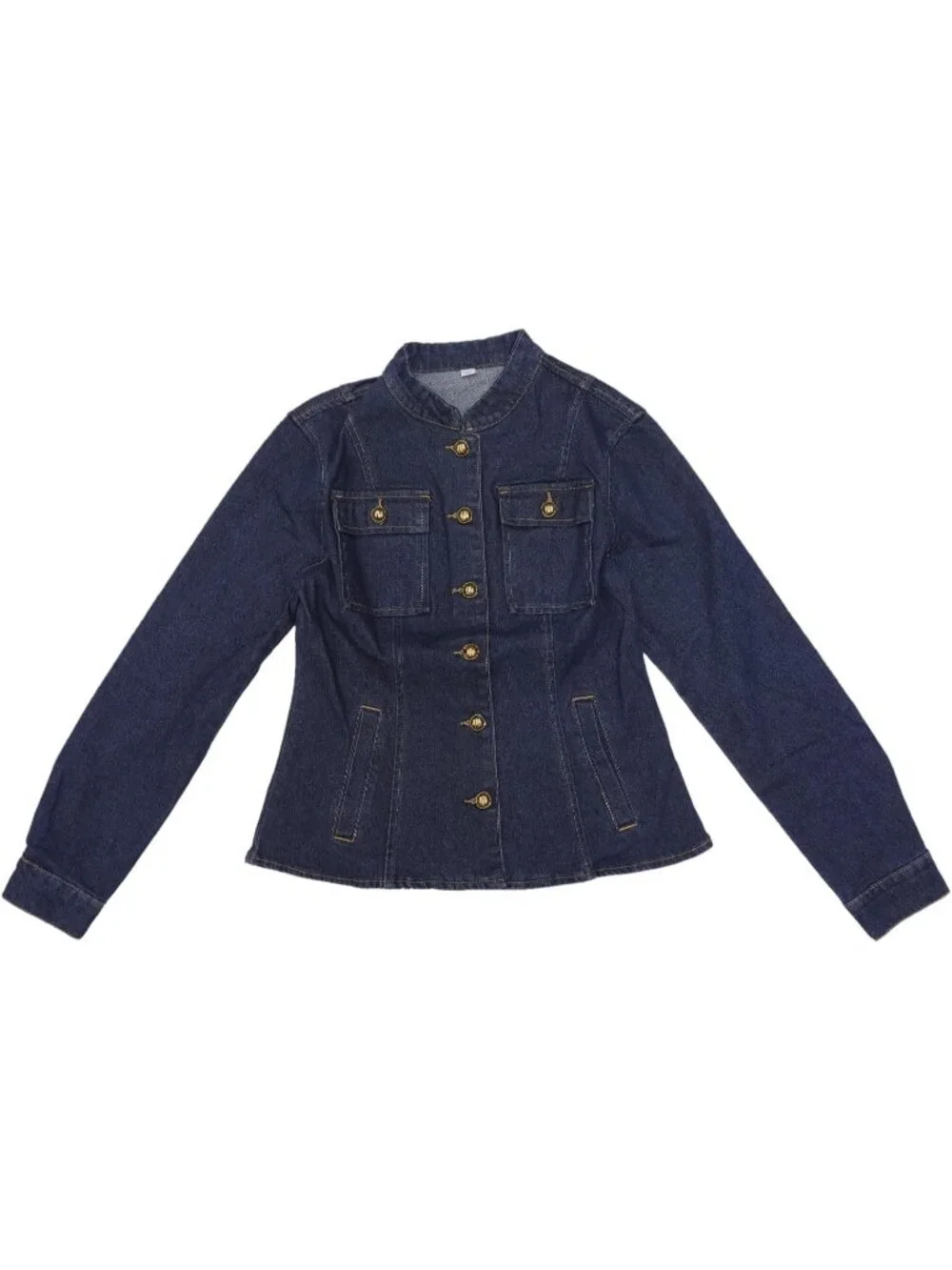 Women's Deep Blue Stand Collar Long Sleeve Denim Jackets Flap Chest Pockets